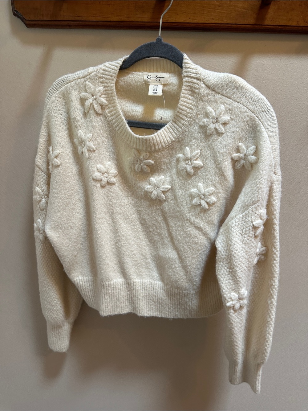 Jessica Simpson Cream Floral Appliqué Crewneck Sweater